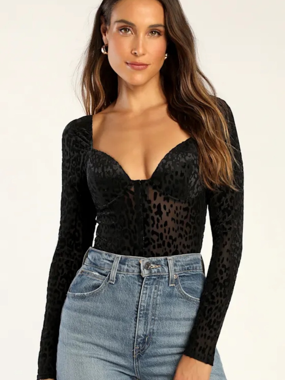 Lulu's Black Sheer Leopard-Print Long-Sleeve Bodysuit